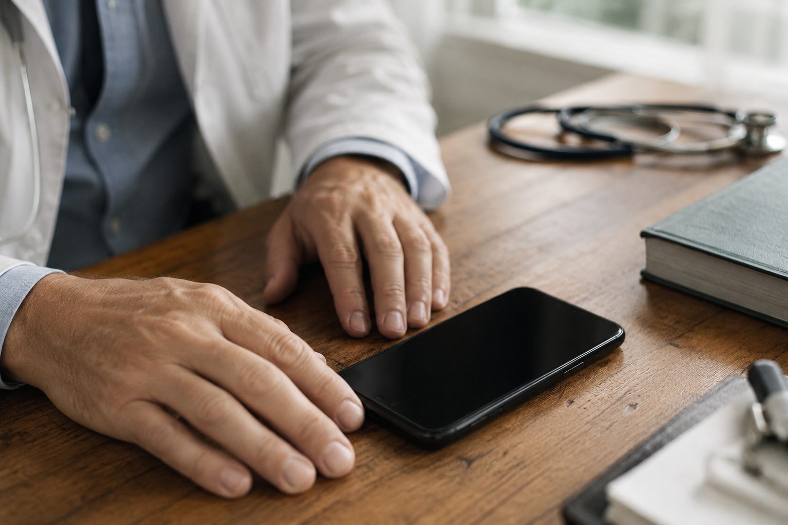 Mãos de um médico ao lado de um celular sobre a mesa do consultório